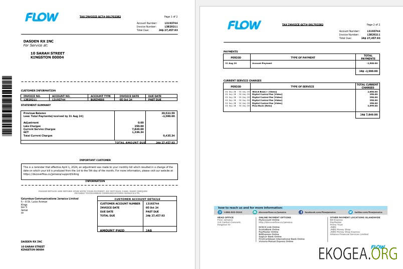 Facture fiscale Jamaica Flow, câble et facture de services publics Internet, modèle Word et PDF, 2 pages